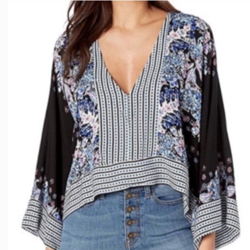 Free People Floral V-Neck Women's Top - Black and Blue